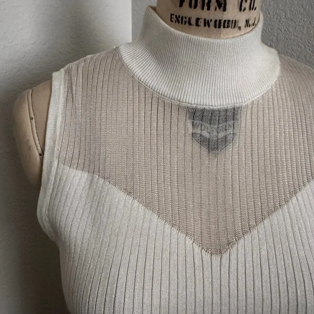 NWT Tahari Ivory Ribbed Knit Sheer Mesh Yoke Sleeveless Top Size Large - Picture 7 of 9